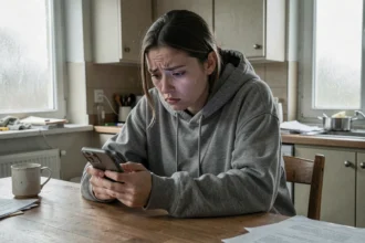 Jeune femme anxieuse seule chez elle fixant son smartphone, illustrant l'addiction aux réseaux sociaux et l'isolement numérique