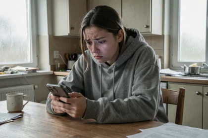 Jeune femme anxieuse seule chez elle fixant son smartphone, illustrant l'addiction aux réseaux sociaux et l'isolement numérique