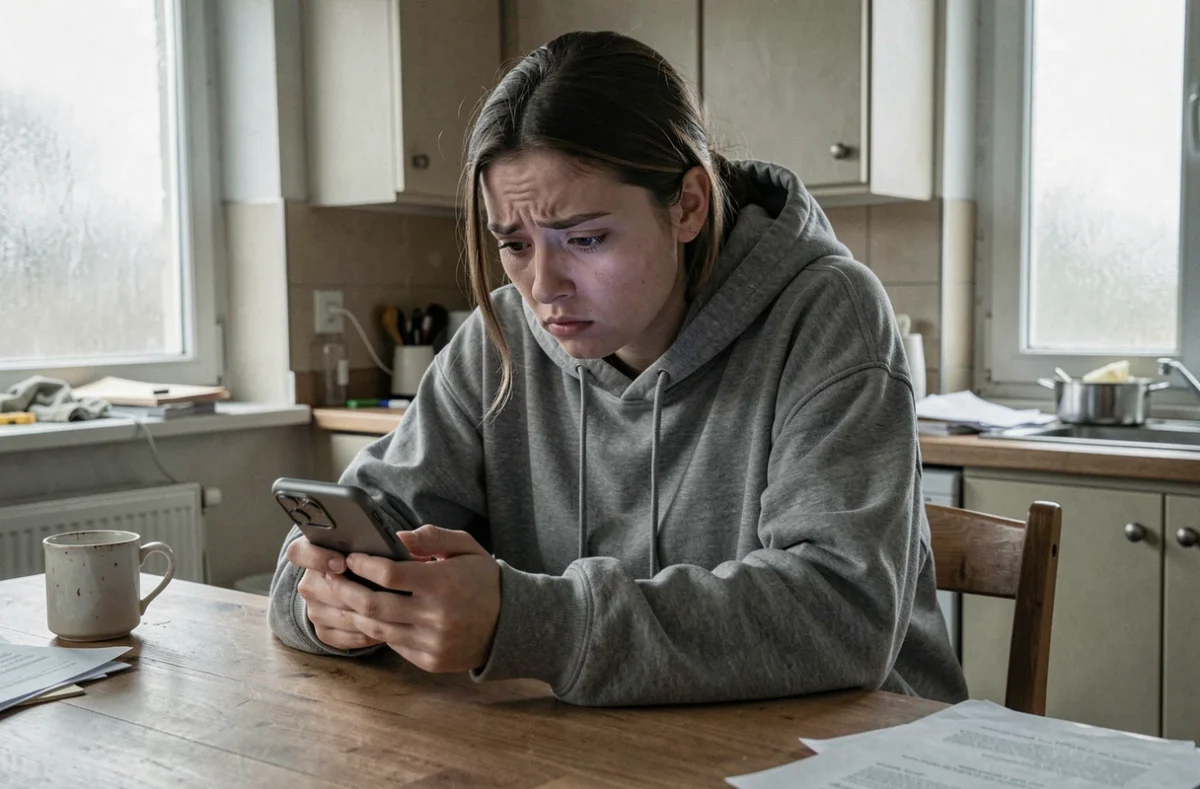 Jeune femme anxieuse seule chez elle fixant son smartphone, illustrant l'addiction aux réseaux sociaux et l'isolement numérique
