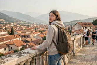 Adolescente avec sac à dos admirant une vue panoramique sur une ville ancienne méditerranéenne lors d'un voyage en famille