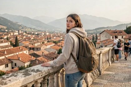 Adolescente avec sac à dos admirant une vue panoramique sur une ville ancienne méditerranéenne lors d'un voyage en famille