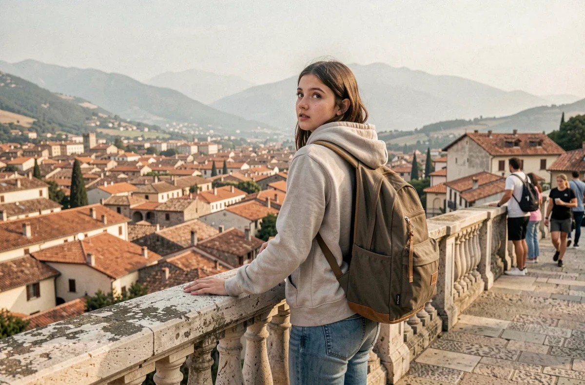 Adolescente avec sac à dos admirant une vue panoramique sur une ville ancienne méditerranéenne lors d'un voyage en famille