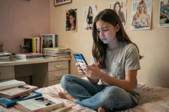 Adolescente parcourant des photos de célébrités sur son smartphone dans sa chambre, avec une expression de doute et de comparaison sociale
