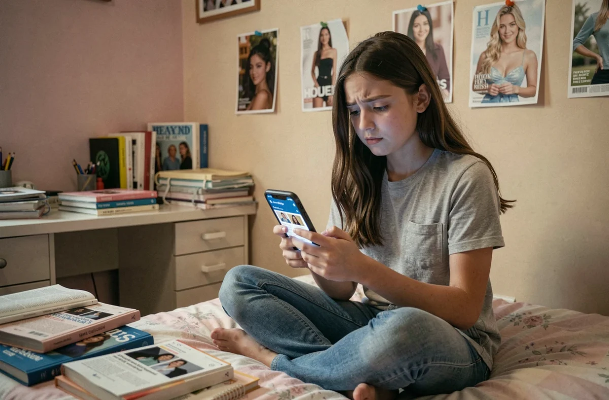 Adolescente parcourant des photos de célébrités sur son smartphone dans sa chambre, avec une expression de doute et de comparaison sociale