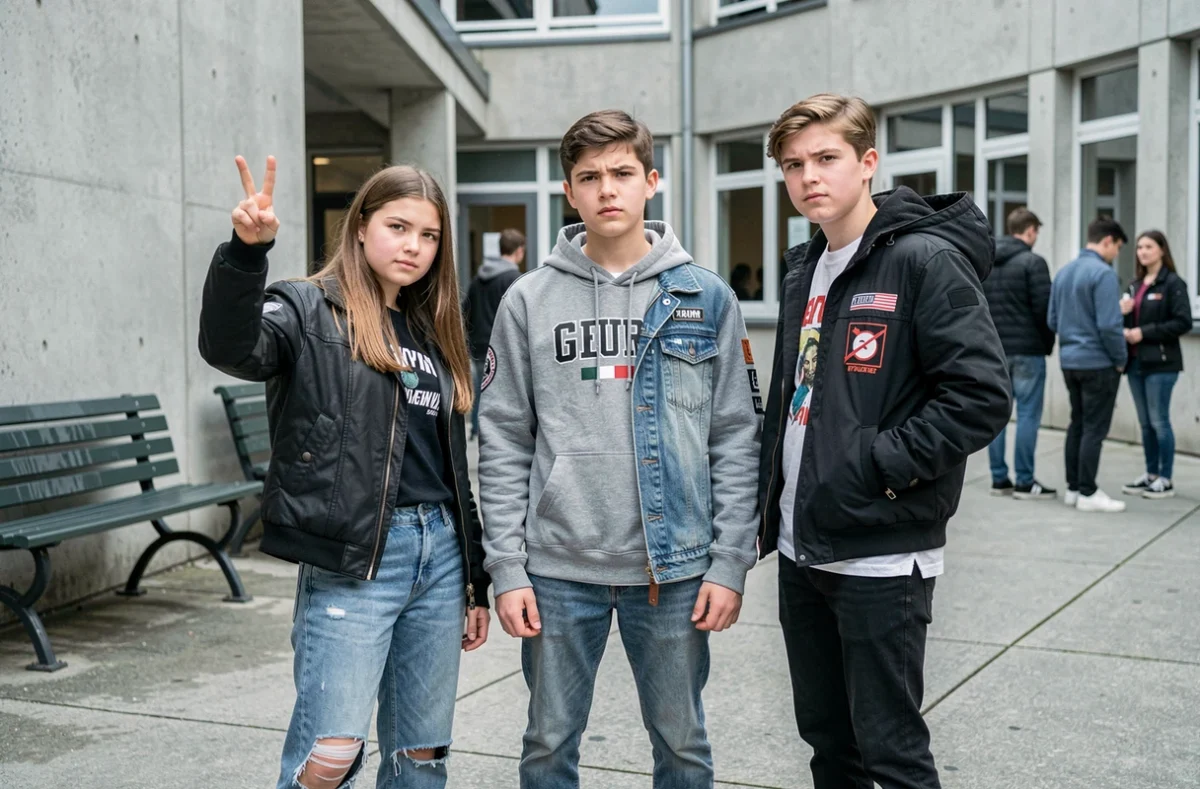 Groupe d'adolescents imitant les poses et le style vestimentaire des célébrités dans une cour d'école, illustrant la pression sociale liée à l'influence des stars