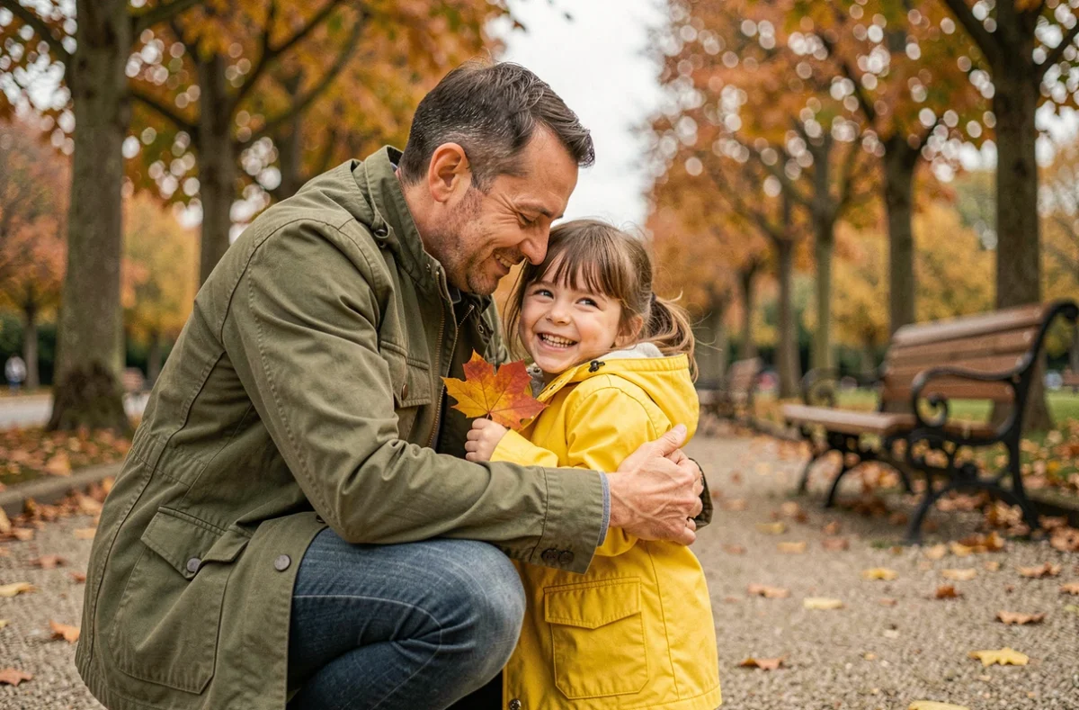 Beau-père et belle-fille partageant un moment complice dans un parc en automne illustrant le lien affectif de l'adoption simple
