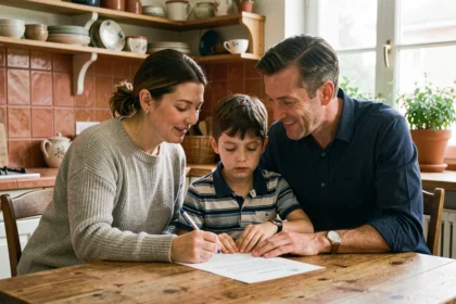 Famille recomposée signant un document d'adoption simple autour d'une table en bois dans une cuisine chaleureuse