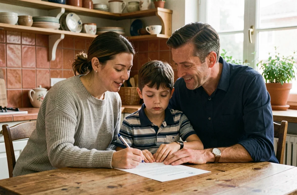 Famille recomposée signant un document d'adoption simple autour d'une table en bois dans une cuisine chaleureuse