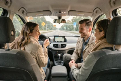 Trois adultes souriants partageant un trajet en covoiturage dans une voiture compacte moderne sur une route de banlieue