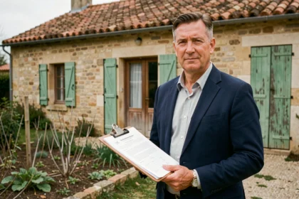 Agent immobilier tenant des documents devant une maison en pierre rurale, illustrant les cas où le DPE n'est pas obligatoire