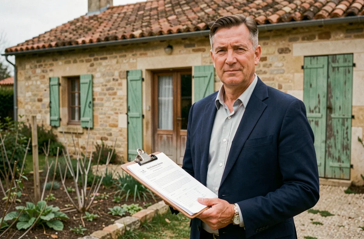 Agent immobilier tenant des documents devant une maison en pierre rurale, illustrant les cas où le DPE n'est pas obligatoire