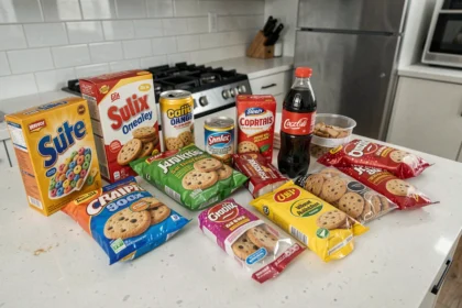 Aliments ultra-transformés mauvais pour le cerveau disposés sur un comptoir de cuisine : céréales sucrées, biscuits emballés, soda et fast-food