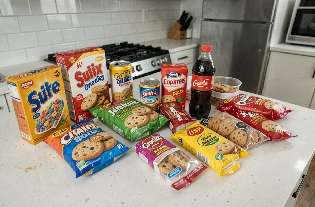 Aliments ultra-transformés mauvais pour le cerveau disposés sur un comptoir de cuisine : céréales sucrées, biscuits emballés, soda et fast-food