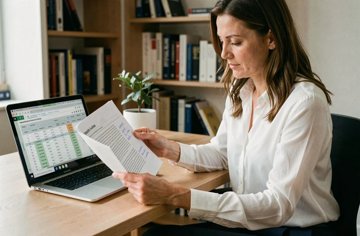 Femme d'affaires étudiant un prospectus d'investissement avec des annotations dans un bureau calme, symbolisant l'analyse de la structure actionnariale d'OpenAI et de ChatGPT