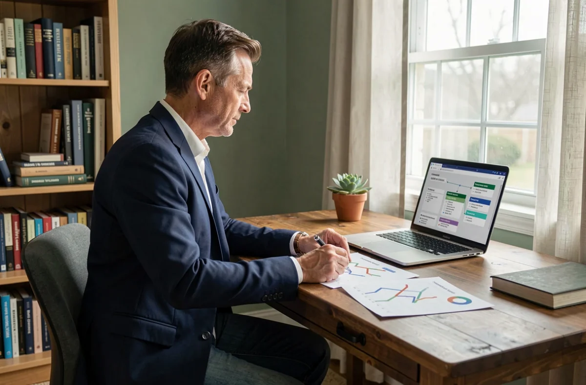 Professionnel analysant des plans de transformation et de transition sur un bureau en bois à domicile