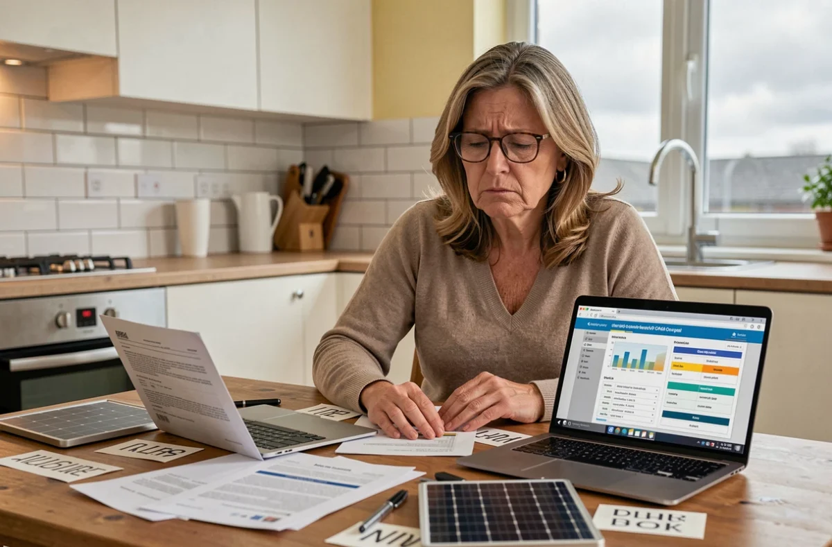 Femme analysant les devis et la rentabilité financière de l'installation de panneaux solaires à domicile