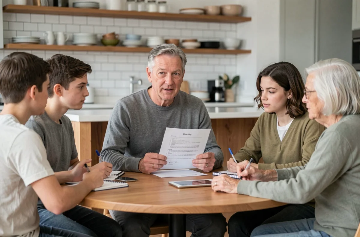 Père de famille animant une réunion familiale dans une cuisine moderne avec adolescents et grand-parent