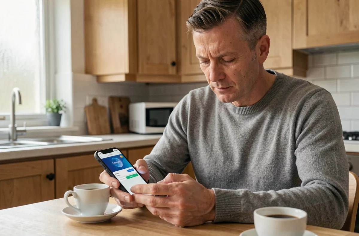 Un homme utilise l'application mobile Boursorama sur son smartphone depuis chez lui, symbolisant la fiabilité et la sécurité des services bancaires en ligne