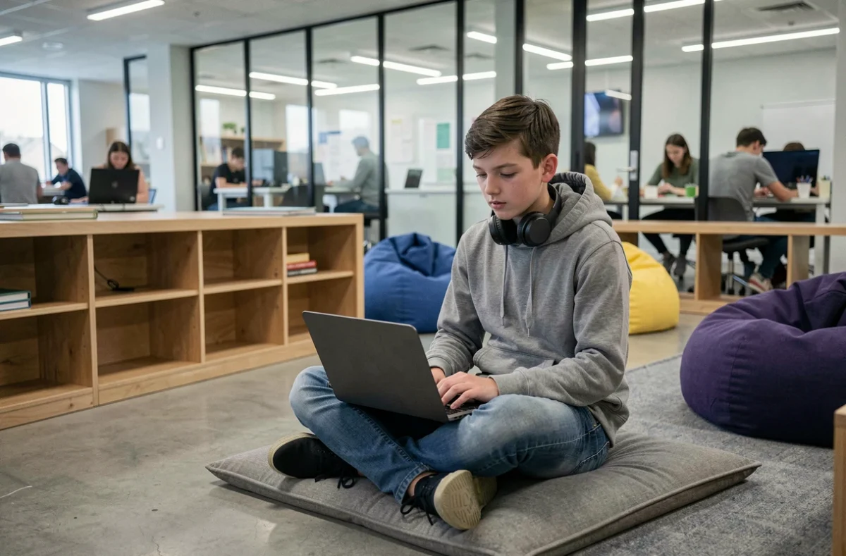Adolescent apprenant de manière autonome sur ordinateur dans un espace scolaire flexible et moderne