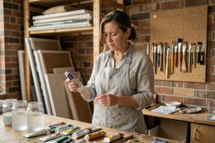 Artiste peintre lisant l'étiquette d'un tube de peinture acrylique dans son atelier pour vérifier les risques pour la santé