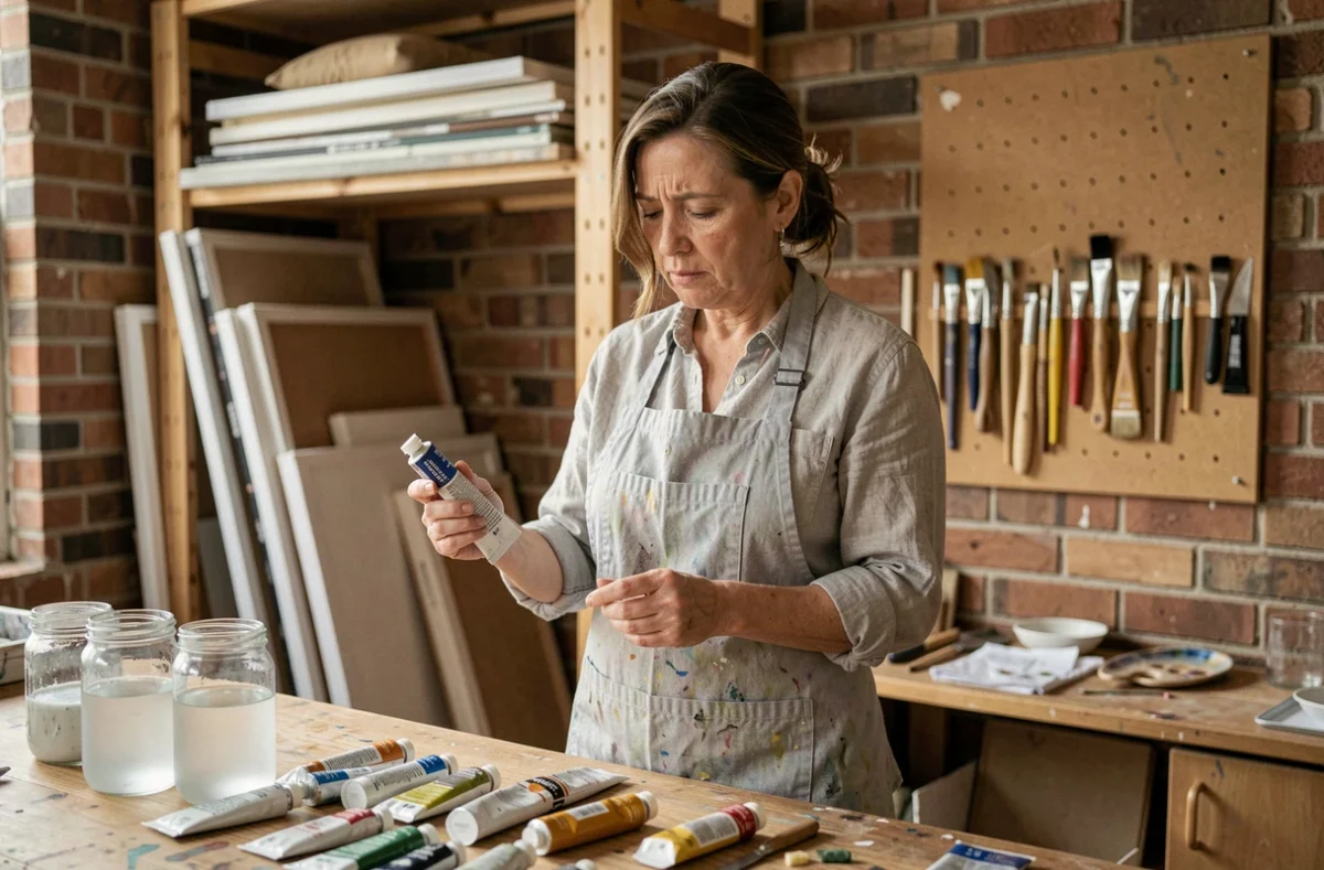 Artiste peintre lisant l'étiquette d'un tube de peinture acrylique dans son atelier pour vérifier les risques pour la santé