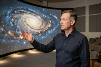 Astrophysicien expliquant la rotation des galaxies devant un écran de planétarium affichant une galaxie spirale