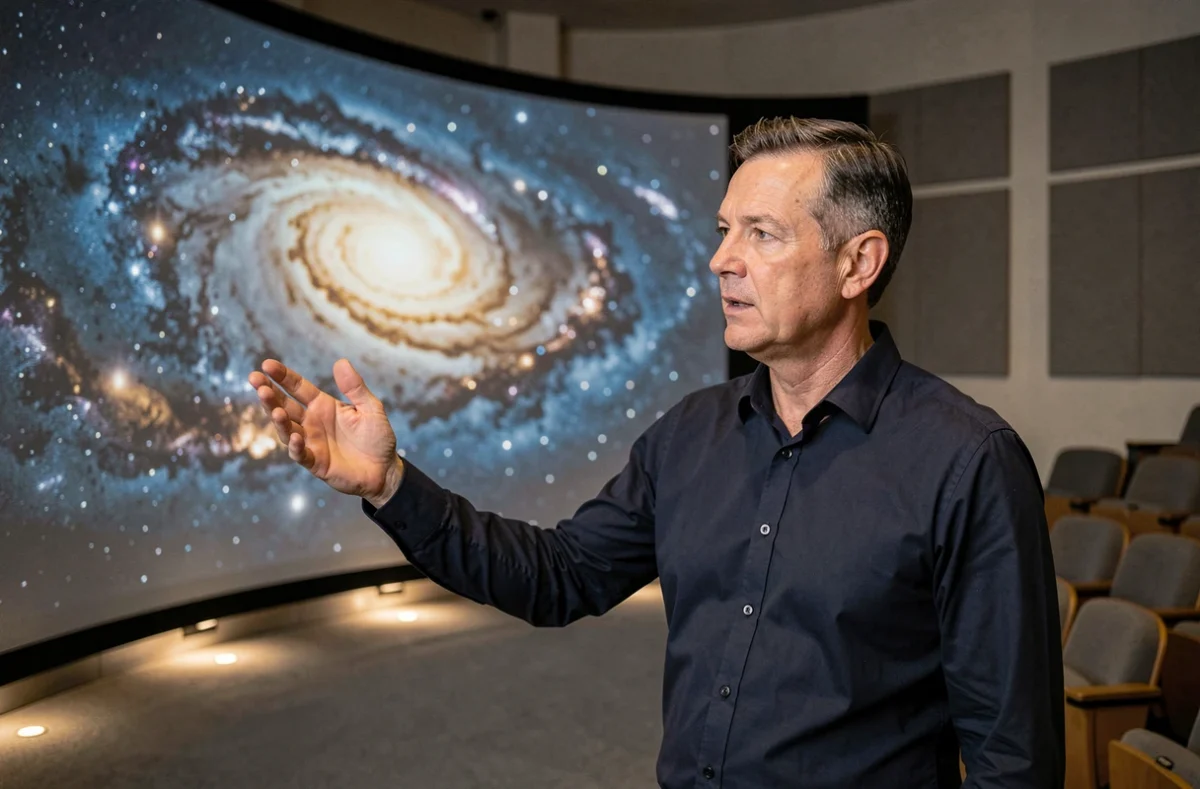 Astrophysicien expliquant la rotation des galaxies devant un écran de planétarium affichant une galaxie spirale
