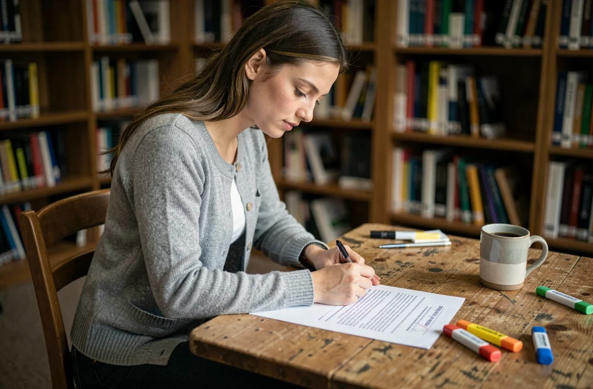 Jeune femme remplissant un questionnaire d'auto-évaluation dans une bibliothèque calme