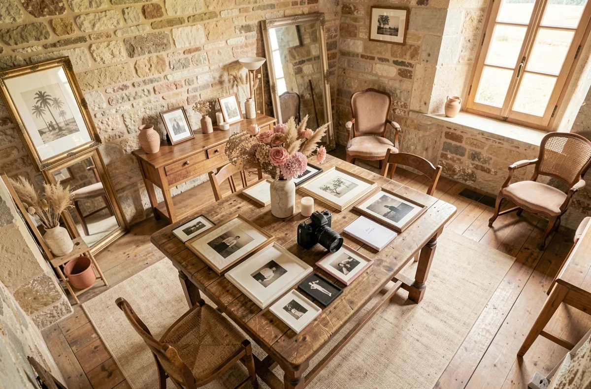 Studio de photographie Aux Créations d'Émotions dans l'Oise, avec accessoires créatifs et appareil photo sur table en bois