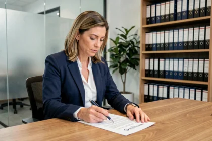 Femme professionnelle en agence immobilière examinant un contrat de bail commercial sur un bureau en bois