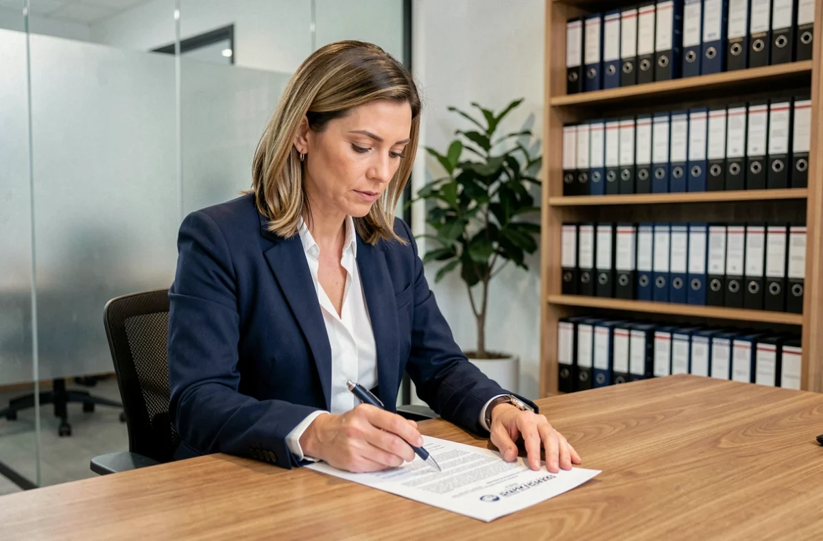 Femme professionnelle en agence immobilière examinant un contrat de bail commercial sur un bureau en bois