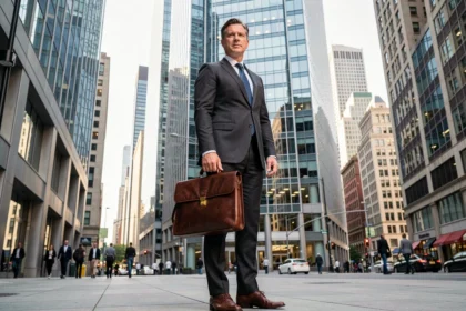 Homme d'affaires en costume devant un gratte-ciel de la finance mondiale symbolisant la puissance bancaire