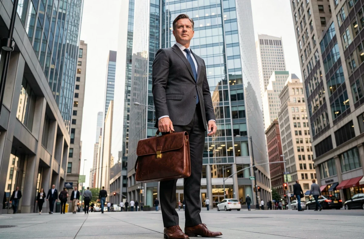 Homme d'affaires en costume devant un gratte-ciel de la finance mondiale symbolisant la puissance bancaire