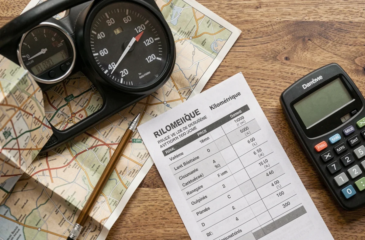Vue aérienne d'un barème kilométrique fiscal, d'un odomètre et d'une calculatrice pour estimer le prix du kilomètre