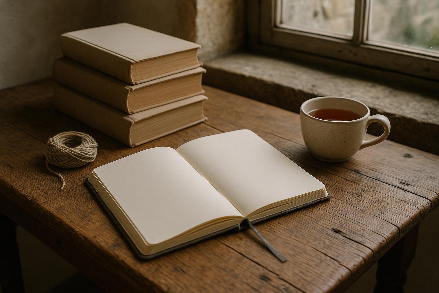 Carnet ouvert, pelote de fil de lin, pile de livres reliés et tasse de thé sur une table en bois près d’une fenêtre