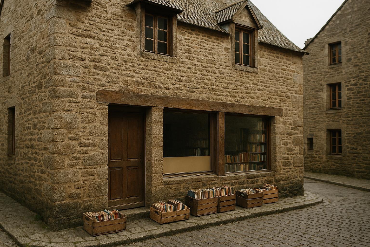 Façade d’une vieille maison en granite abritant une librairie, caisses de livres d’occasion posées sur le pavé