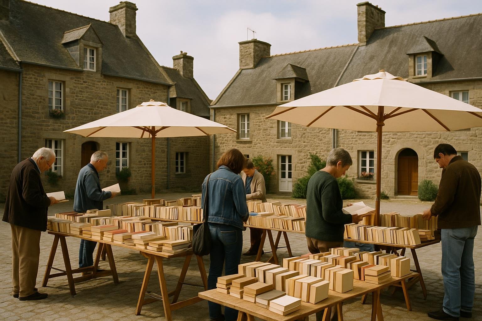 Étals de livres anciens sous des parasols sur une place de village, promeneurs feuilletant des ouvrages