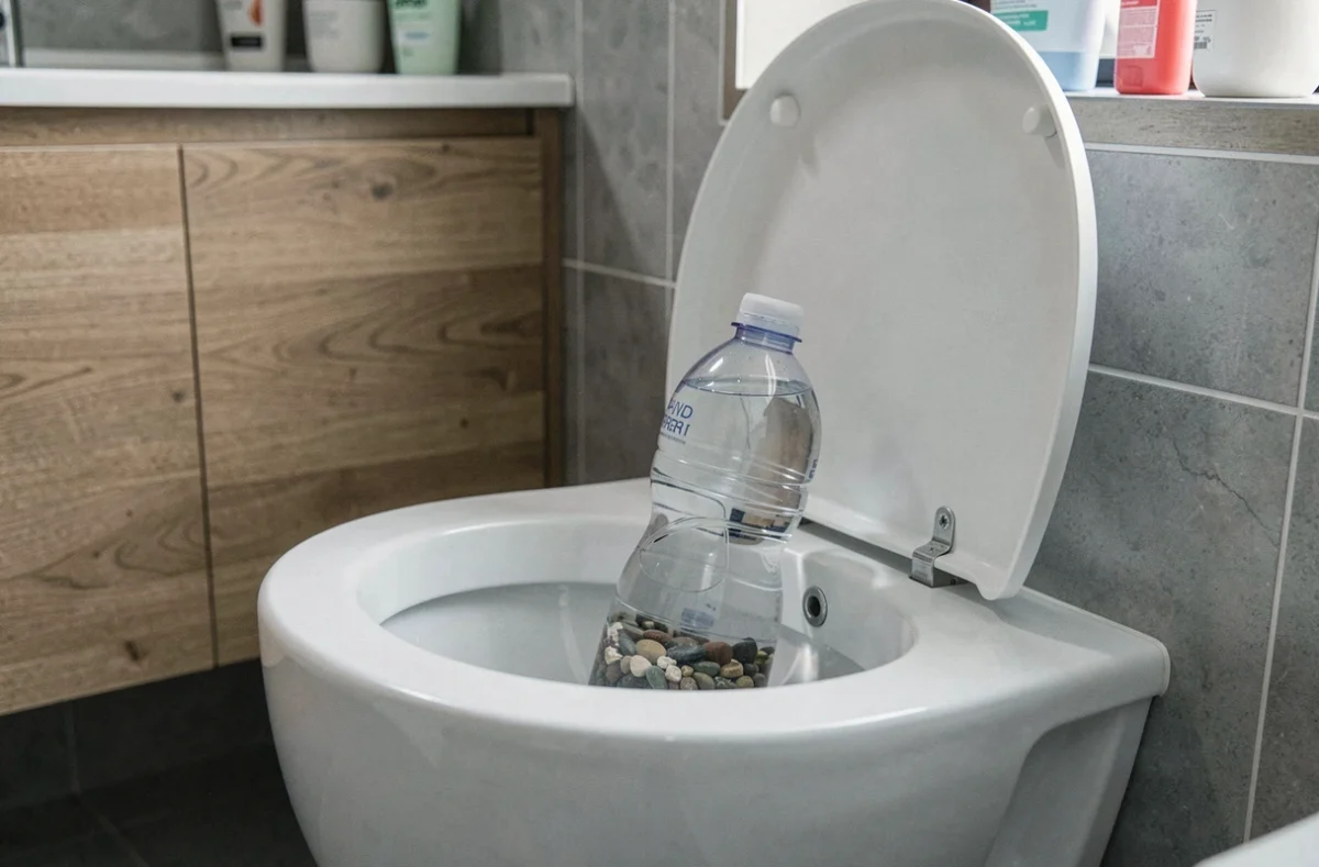 Bouteille d'eau en plastique placée dans le réservoir de chasse d'eau des toilettes pour économiser l'eau