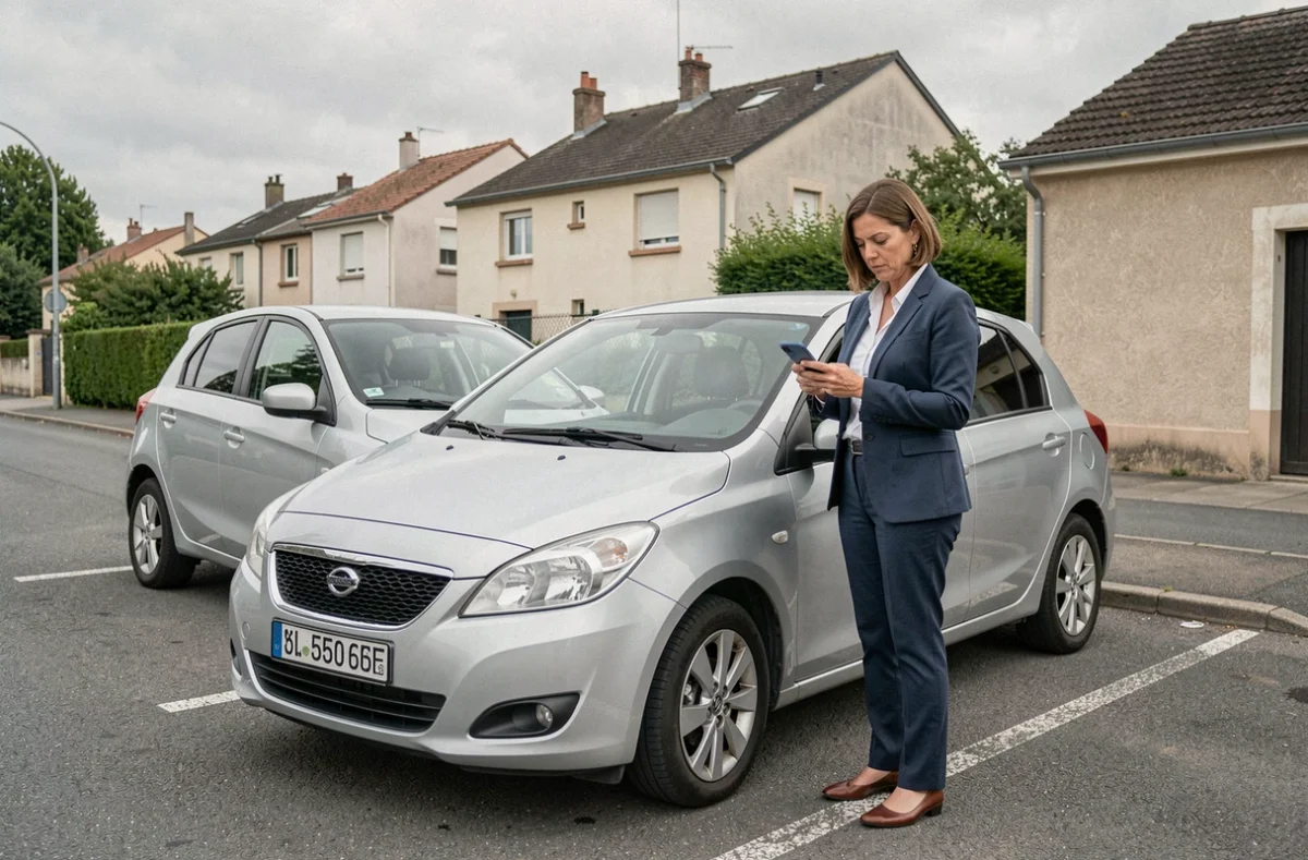 Femme calculant le coût kilométrique de son trajet professionnel à côté de sa voiture