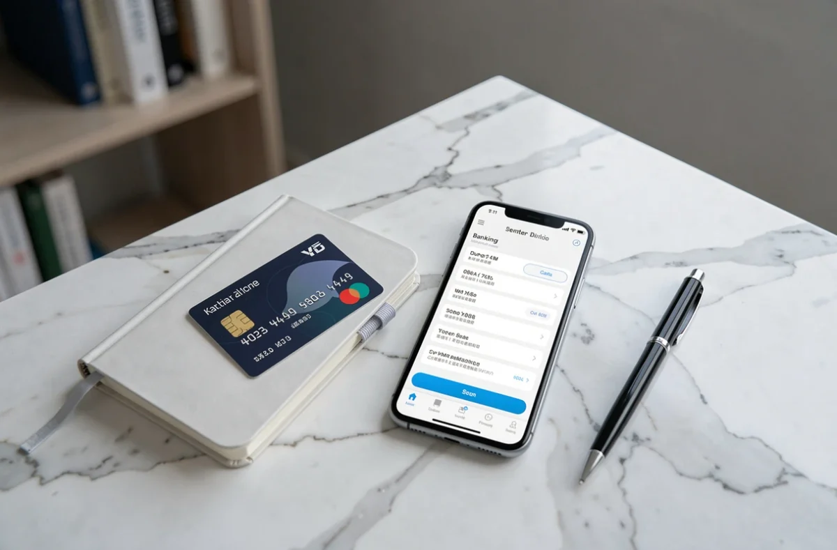 Carte bancaire Boursorama et smartphone affichant une interface sécurisée posés sur un bureau en marbre, représentant la sécurité et la fiabilité des services financiers en ligne