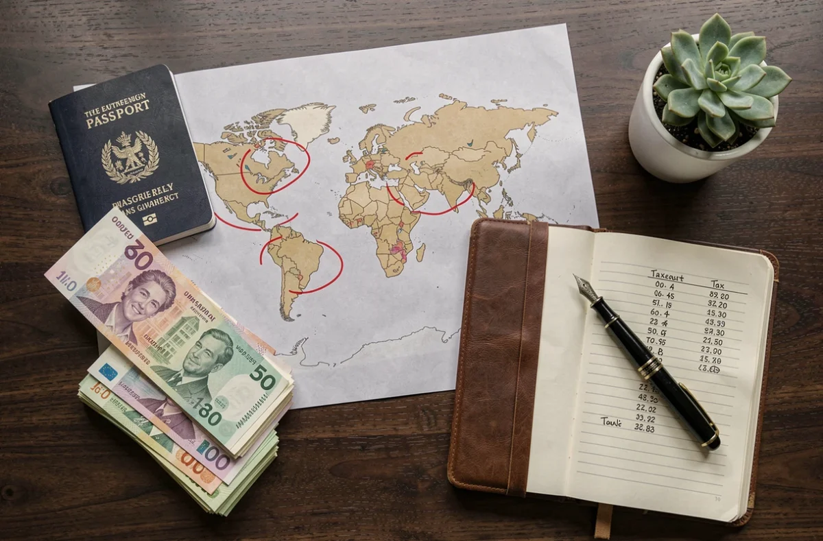 Vue aérienne d'un bureau avec carte du monde, passeport et devises internationales illustrant les paradis fiscaux