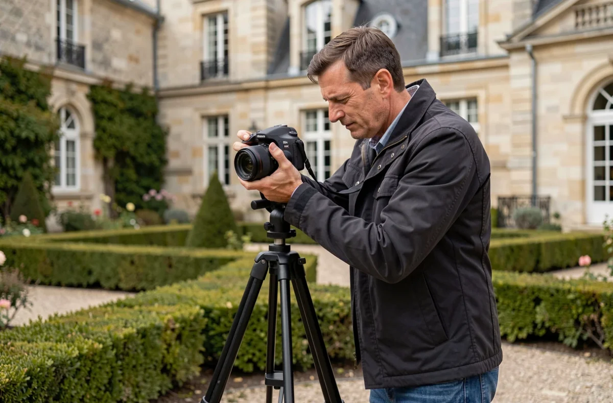 Cédric Derbaise, photographe dans l'Oise, réglant son appareil dans un jardin à la française