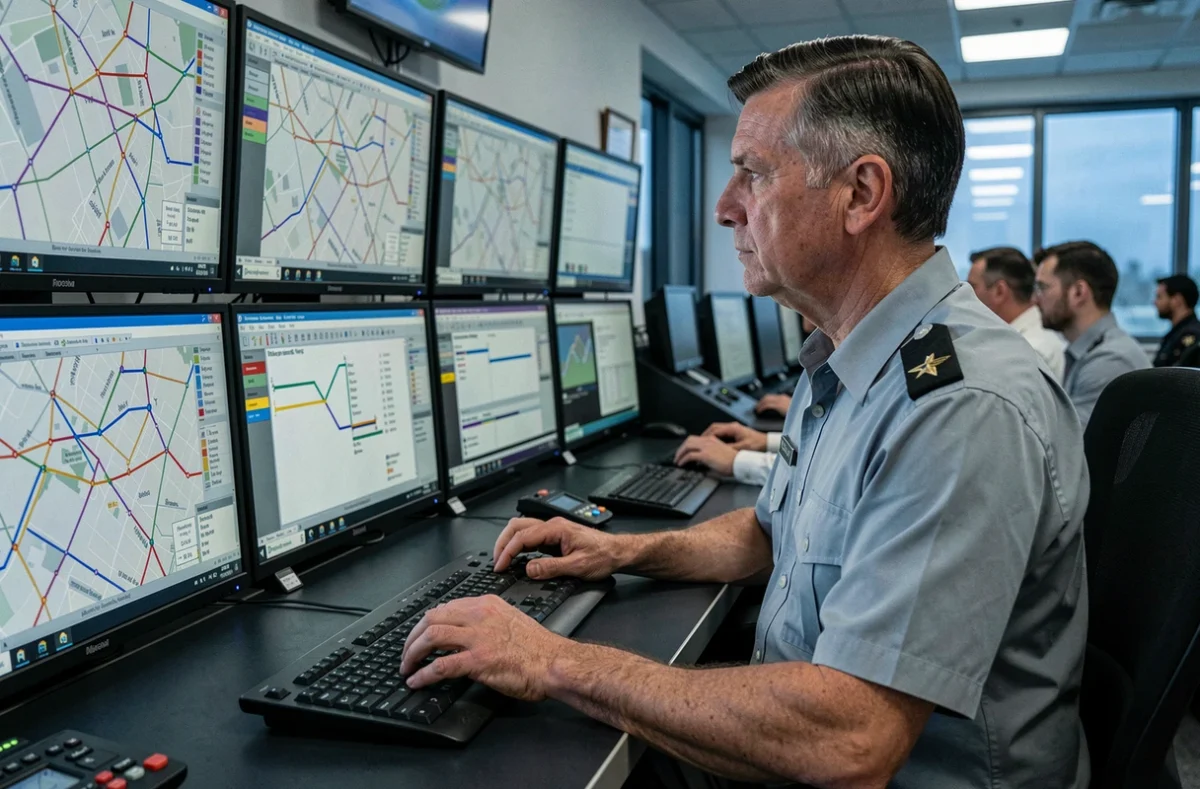 Opérateur de centre de contrôle ferroviaire surveillant un réseau de trains en temps réel sur des écrans multiples, illustration de la gestion avancée des chemins de fer mondiaux