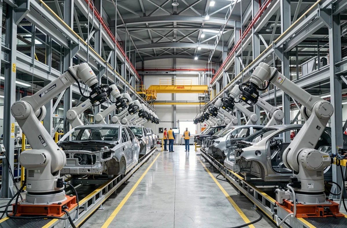 Chaîne de montage automobile moderne avec robots industriels, représentant la production et la rentabilité des grands constructeurs mondiaux