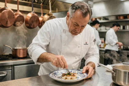 Chef français expérimenté dressant une assiette gastronomique de saint-jacques dans une cuisine professionnelle