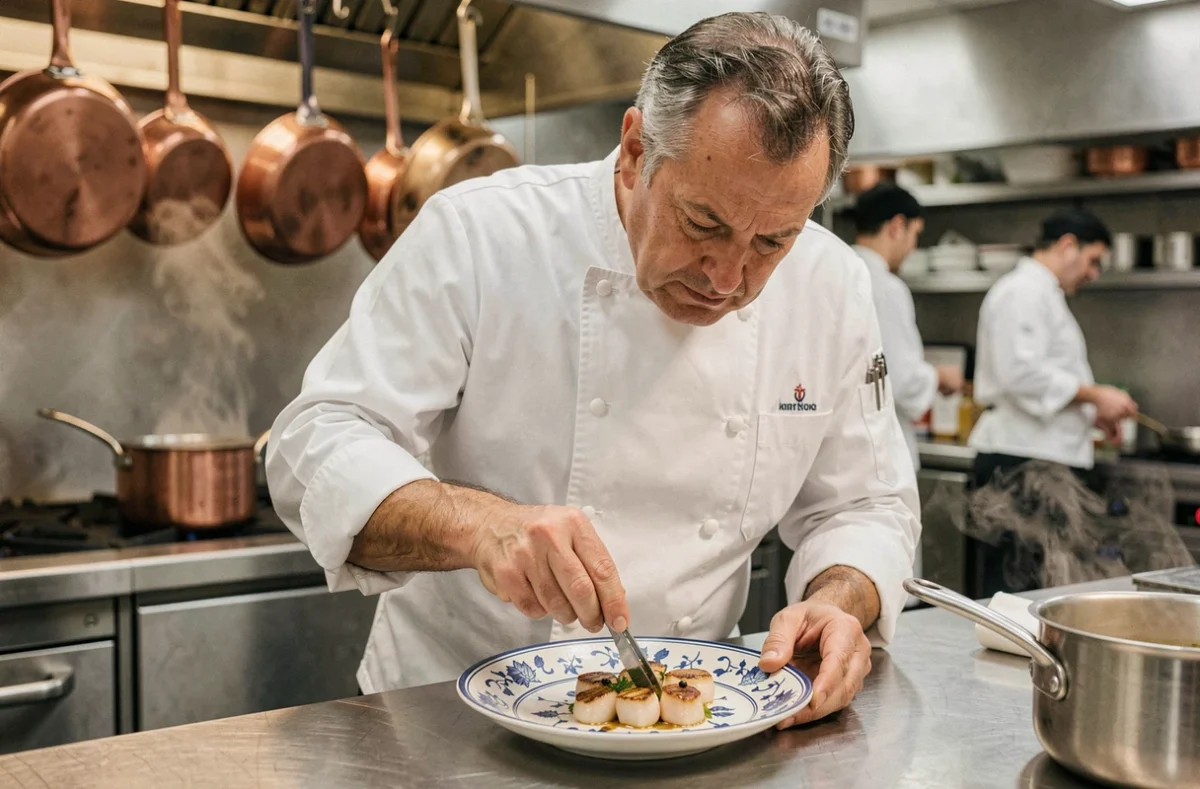 Chef français expérimenté dressant une assiette gastronomique de saint-jacques dans une cuisine professionnelle