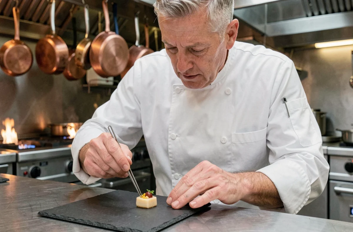 Chef étoilé en train de dresser une assiette gastronomique raffinée dans une cuisine professionnelle