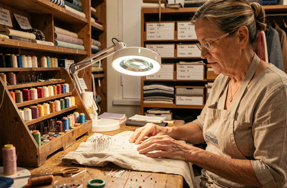 Couturière de La Clinique du Vêtement réparant un habit à son établi sous une lampe loupe dans un atelier artisanal