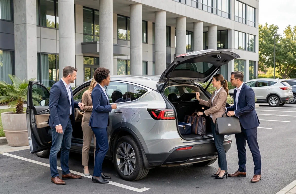 Groupe de collègues en tenue professionnelle déposant leurs affaires dans un SUV électrique dans un parking d'entreprise pour un covoiturage