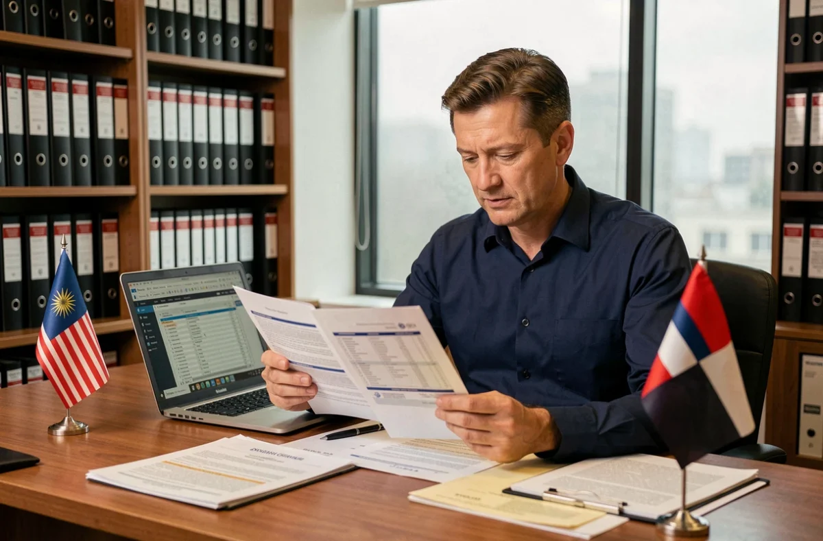 Comptable analysant des documents fiscaux internationaux pour éviter la double imposition